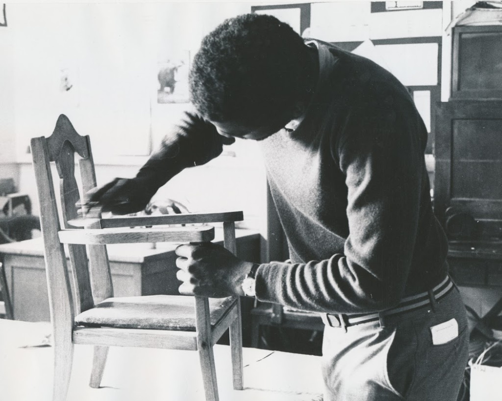 An early participant in the craft room at UC Rehabilitation Center. This photo was used in the 1981 news article.